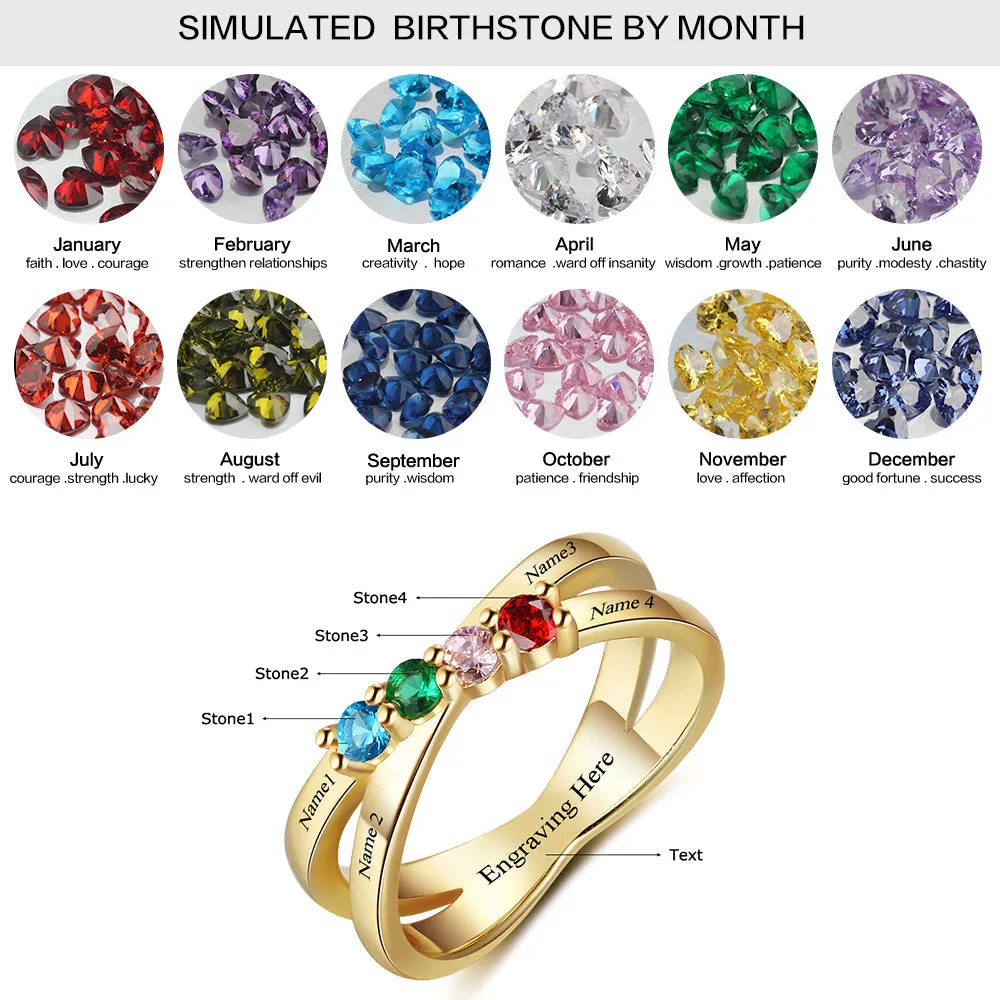 4 Birthstone Gold Mother's Ring Lined Hearts Split Band 4 Names