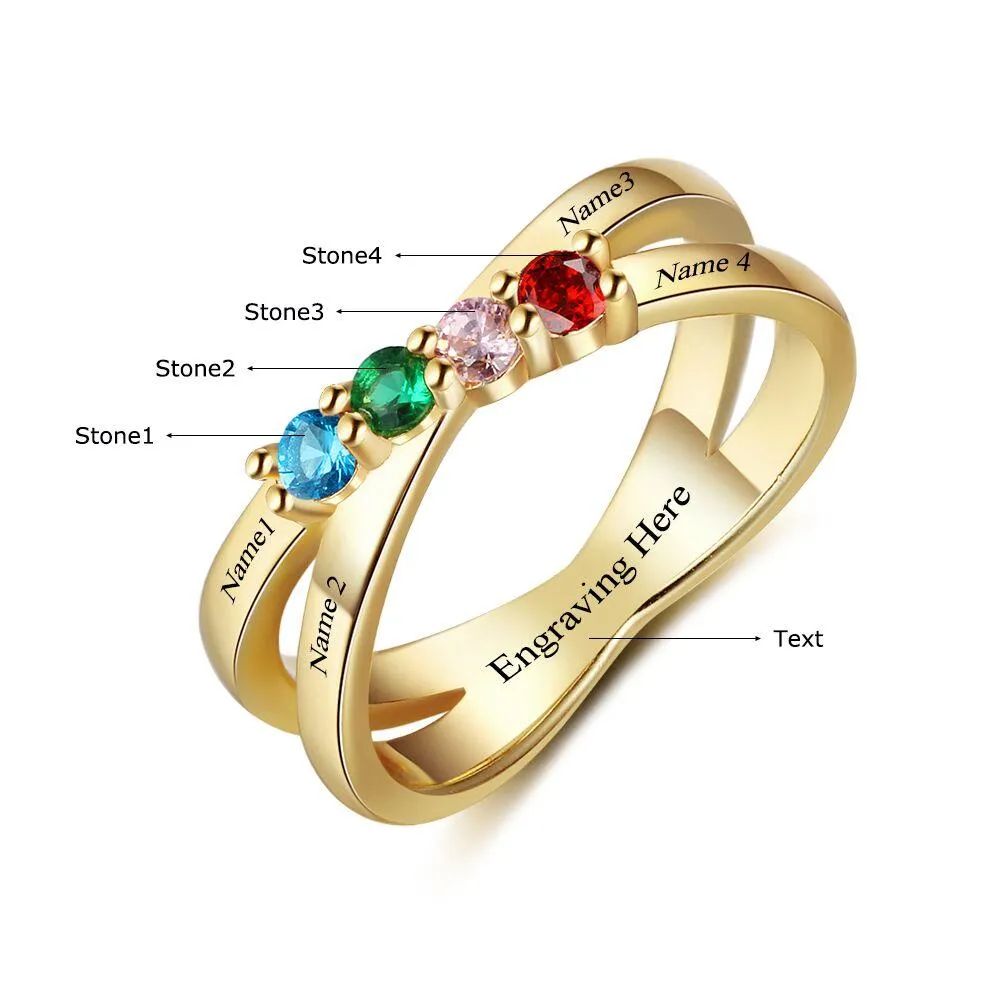 4 Birthstone Gold Mother's Ring Lined Hearts Split Band 4 Names