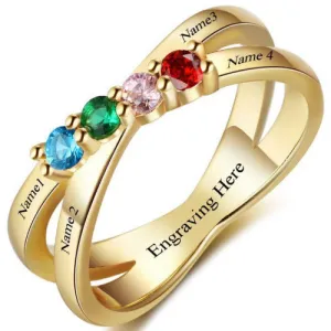 4 Birthstone Gold Mother's Ring Lined Hearts Split Band 4 Names