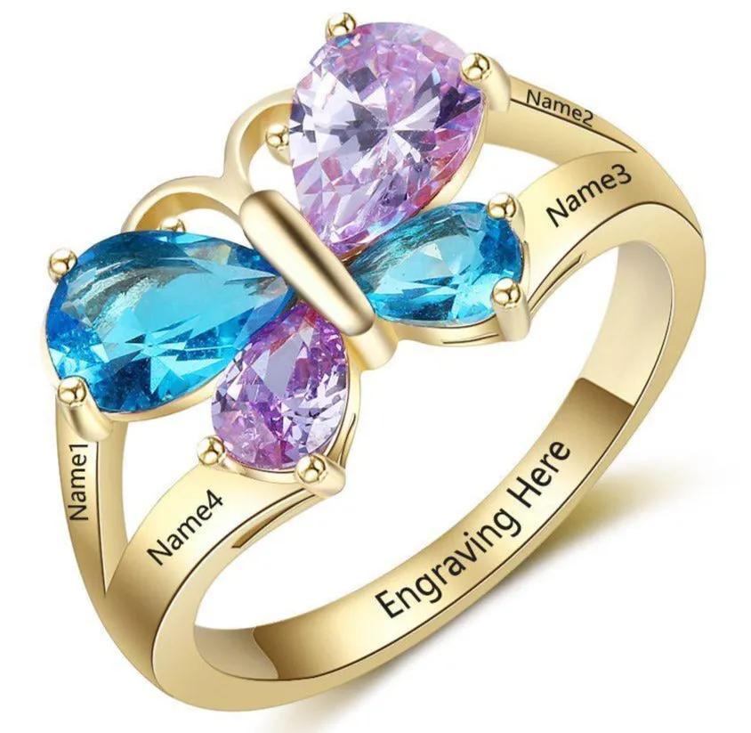 4 Birthstone Mother's Ring Gold Butterfly Design 4 Names