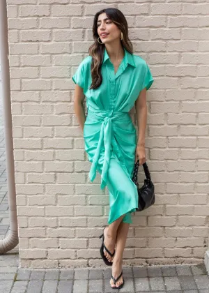 Abaco Short Sleeve Ruched Tie Waist Dress - Biscay Green-***FINAL SALE***