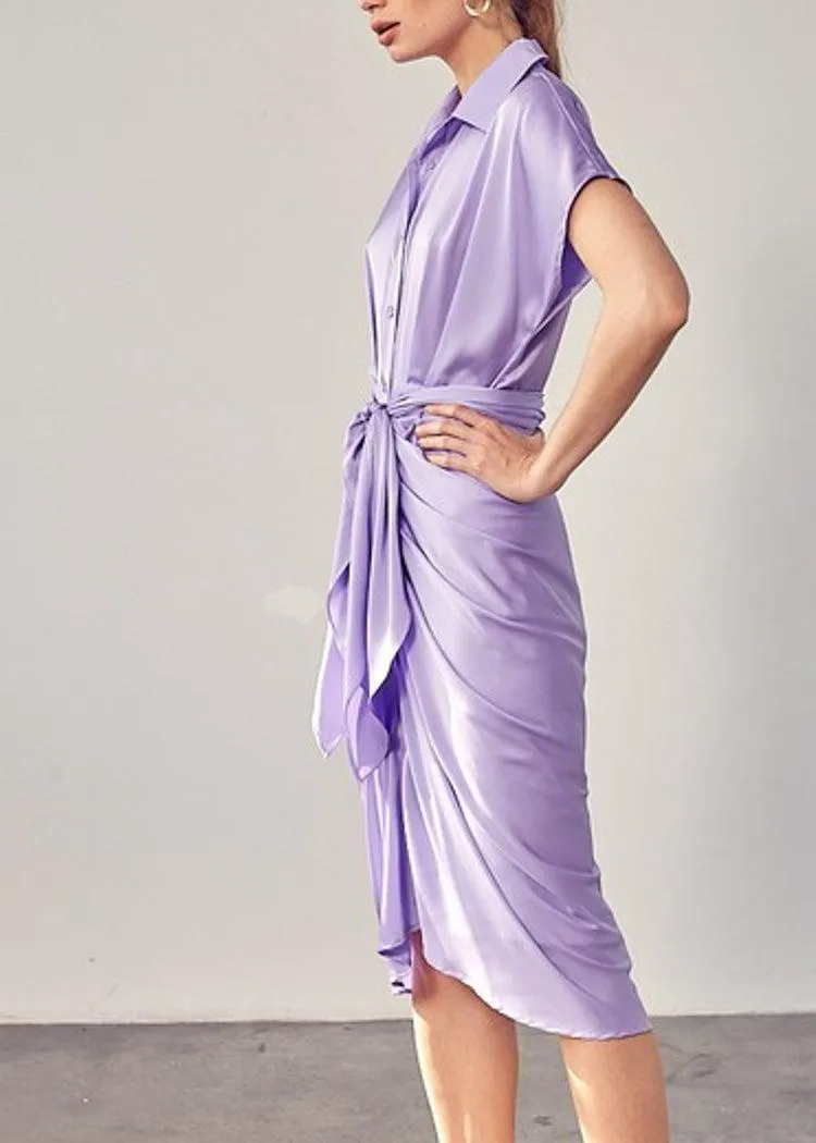 Abaco Short Sleeve Ruched Tie Waist Dress  - Lavender