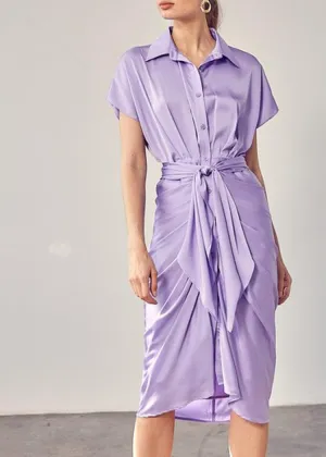 Abaco Short Sleeve Ruched Tie Waist Dress  - Lavender