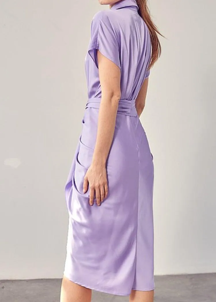 Abaco Short Sleeve Ruched Tie Waist Dress  - Lavender