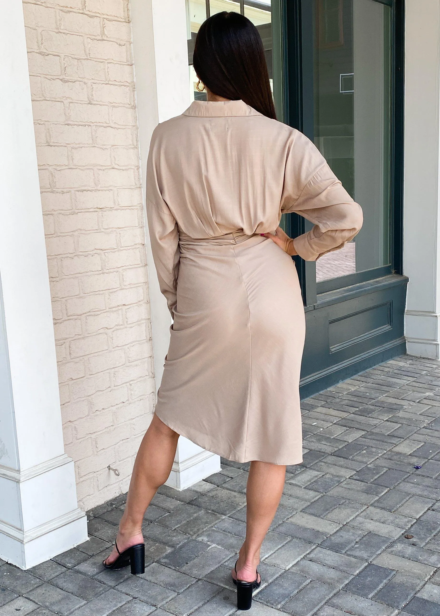 Antonia Long Sleeve Ruched Tie Waist Shirtdress-Taupe ***FINAL SALE***