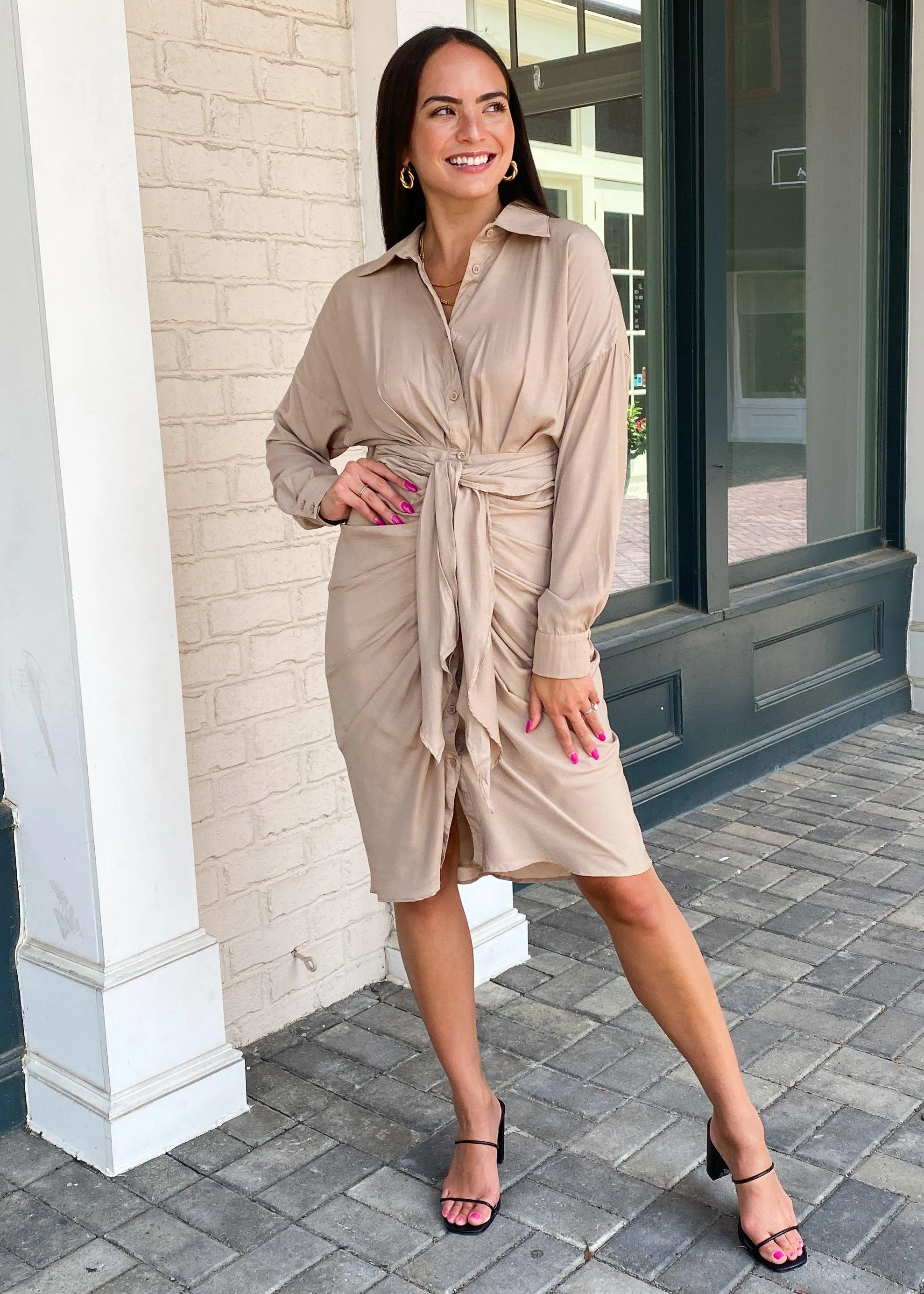 Antonia Long Sleeve Ruched Tie Waist Shirtdress-Taupe ***FINAL SALE***