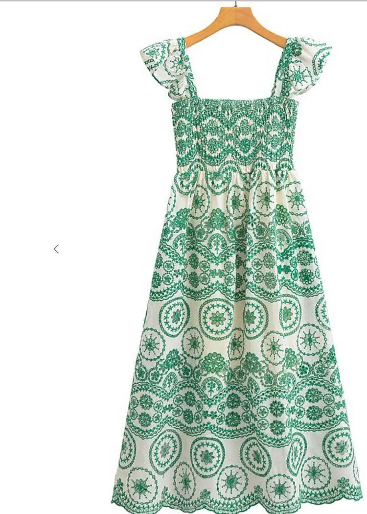 Balboa Embroidered Eyelet Flutter Sleeve Midi Dress-Green