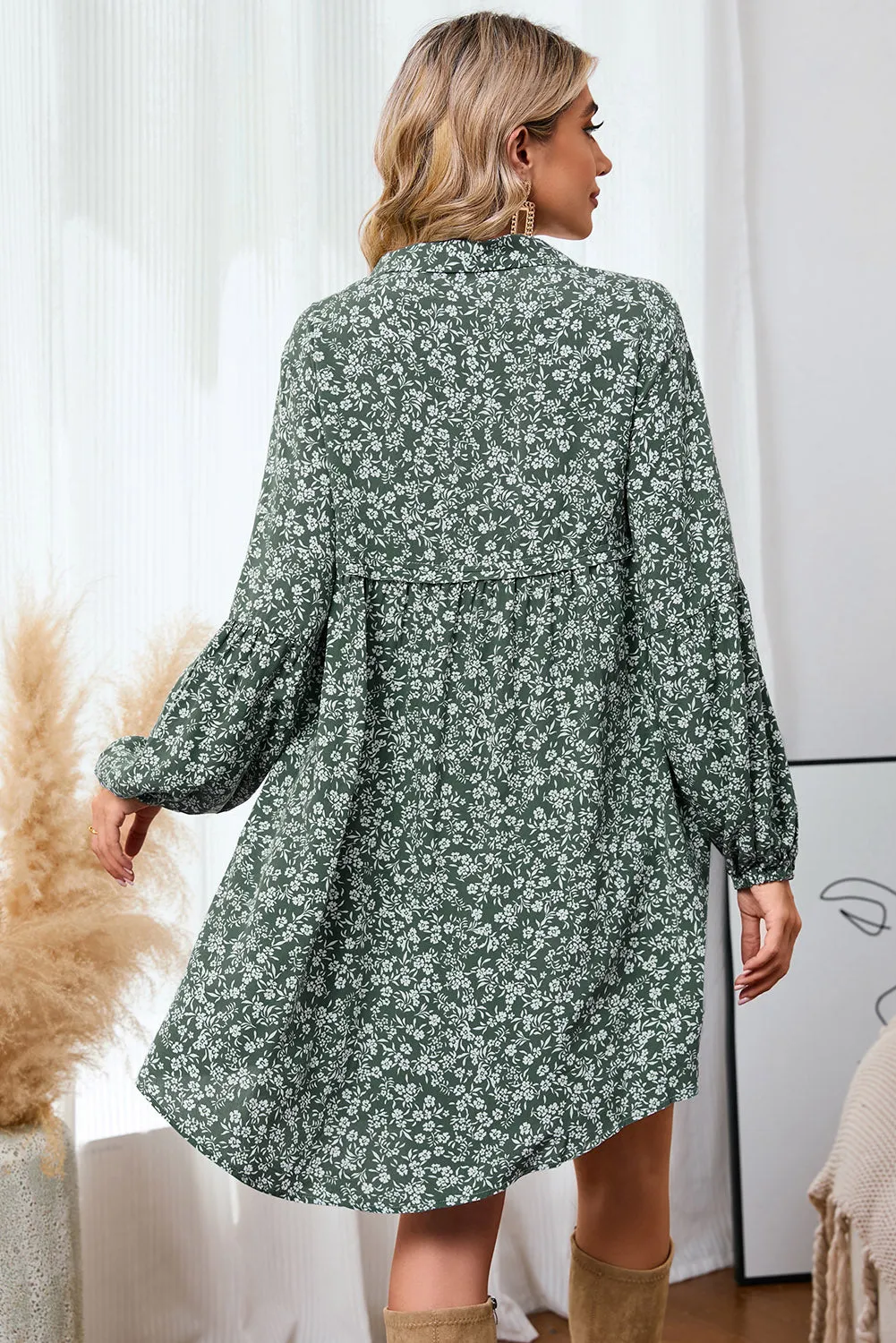 Green Ditsy Floral Print Notch Neck Long Sleeve Boho Dress