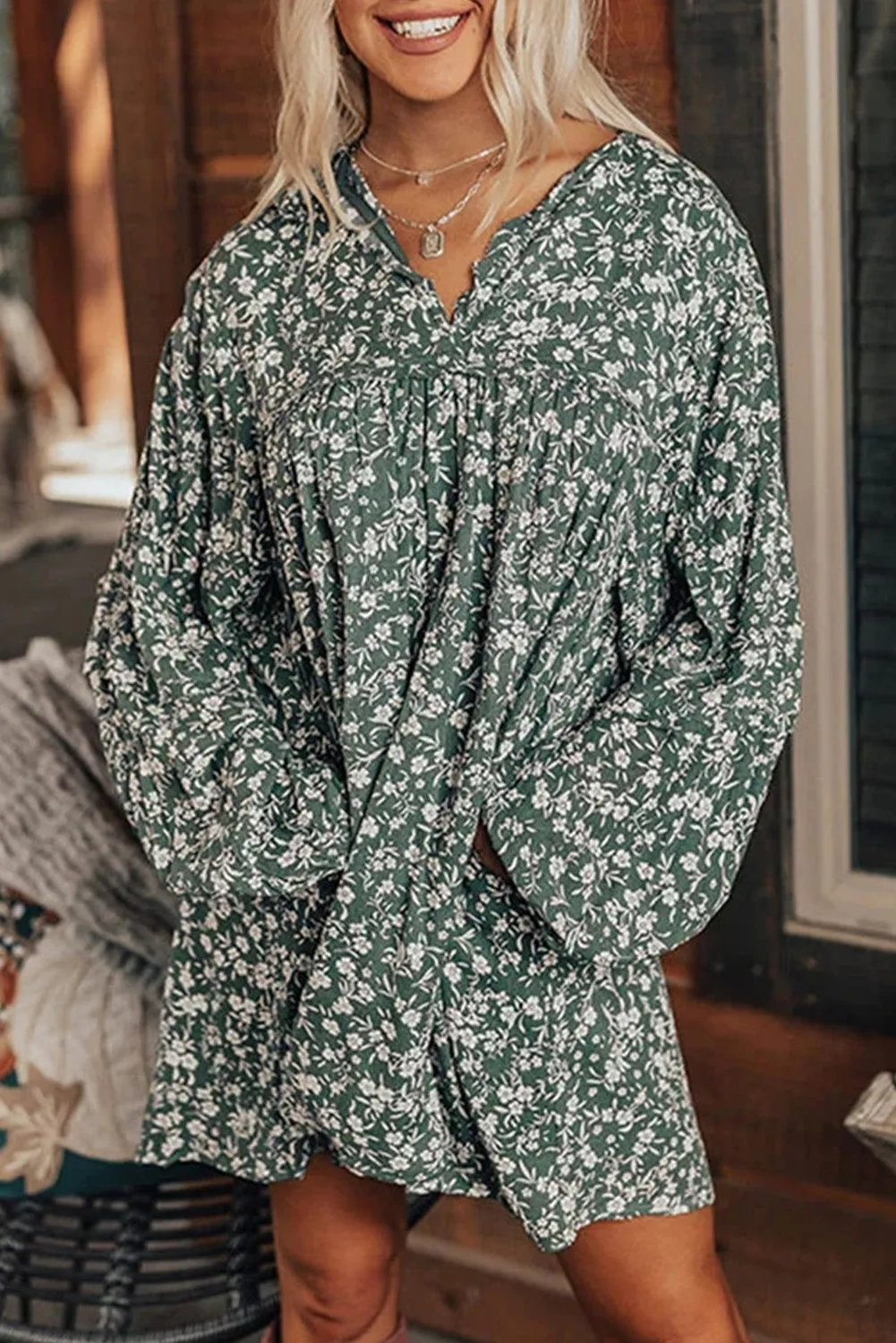 Green Ditsy Floral Print Notch Neck Long Sleeve Boho Dress