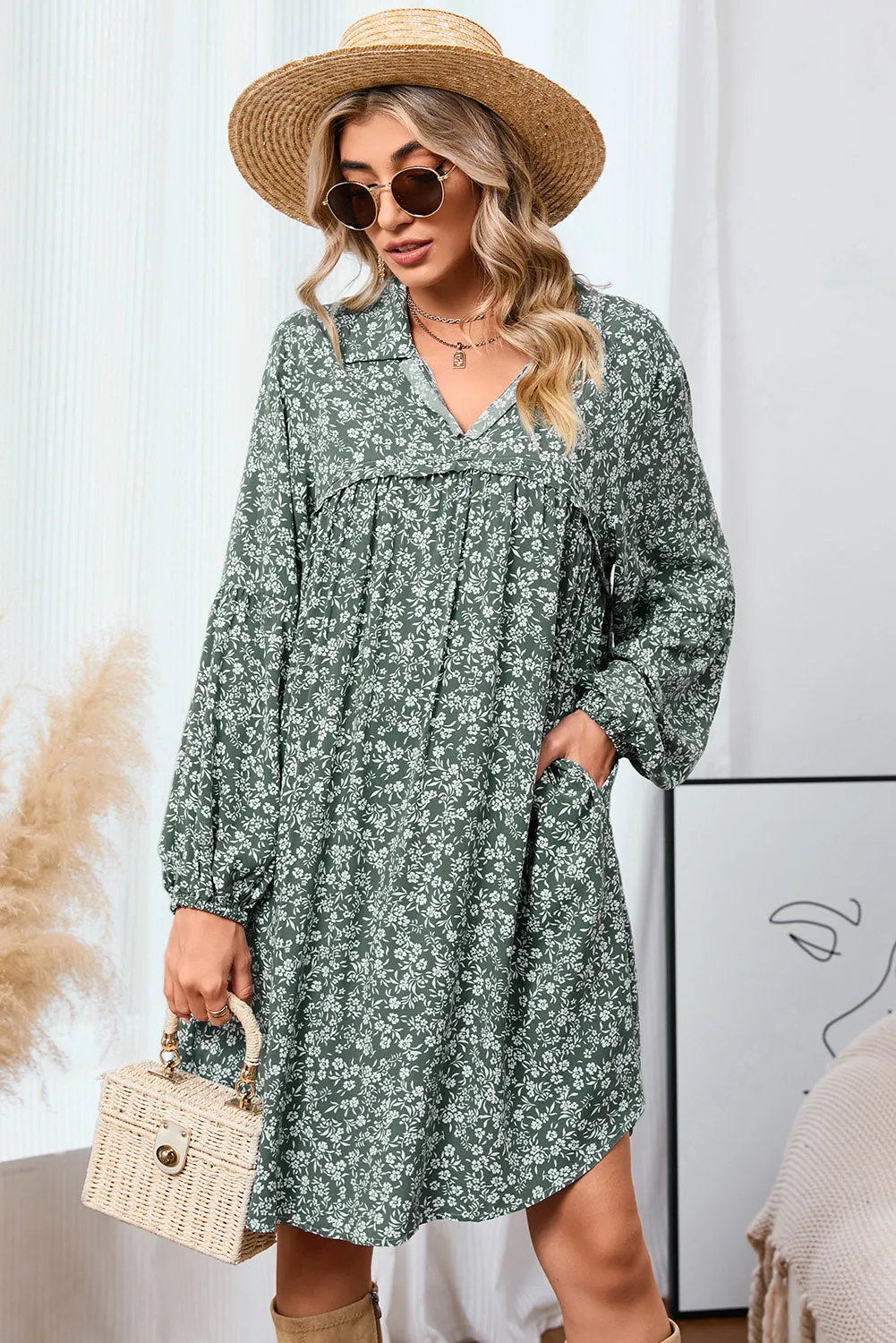 Green Ditsy Floral Print Notch Neck Long Sleeve Boho Dress