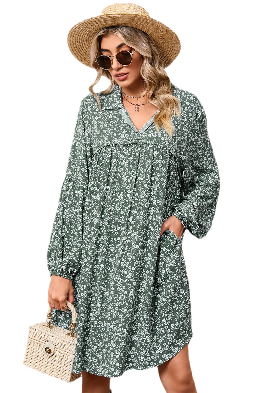 Green Ditsy Floral Print Notch Neck Long Sleeve Boho Dress