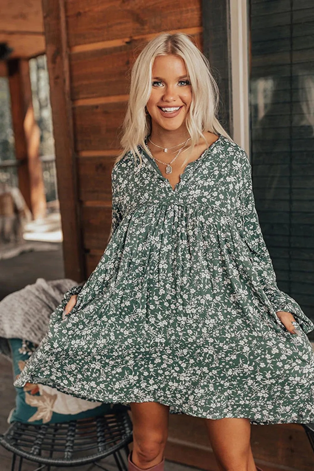 Green Ditsy Floral Print Notch Neck Long Sleeve Boho Dress