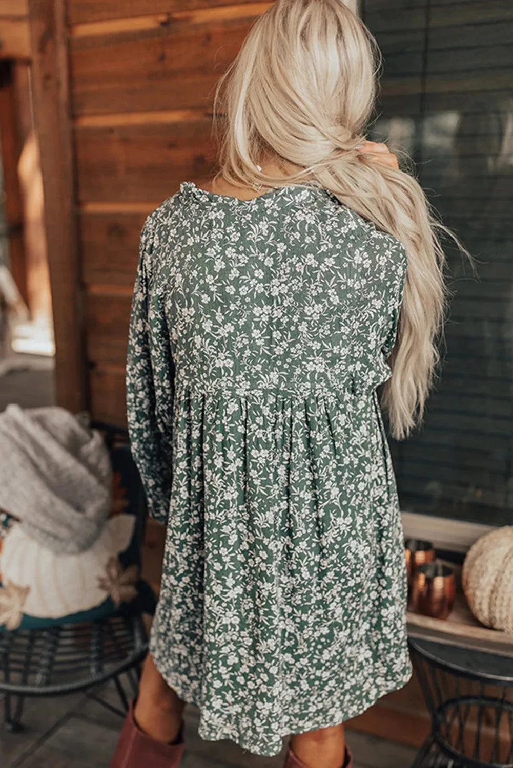 Green Ditsy Floral Print Notch Neck Long Sleeve Boho Dress