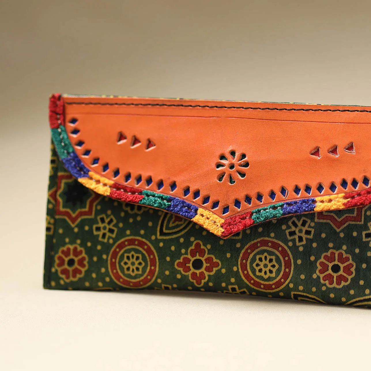 Green - Handcrafted Kutch Embroidery Mashru Silk Leather Wallet