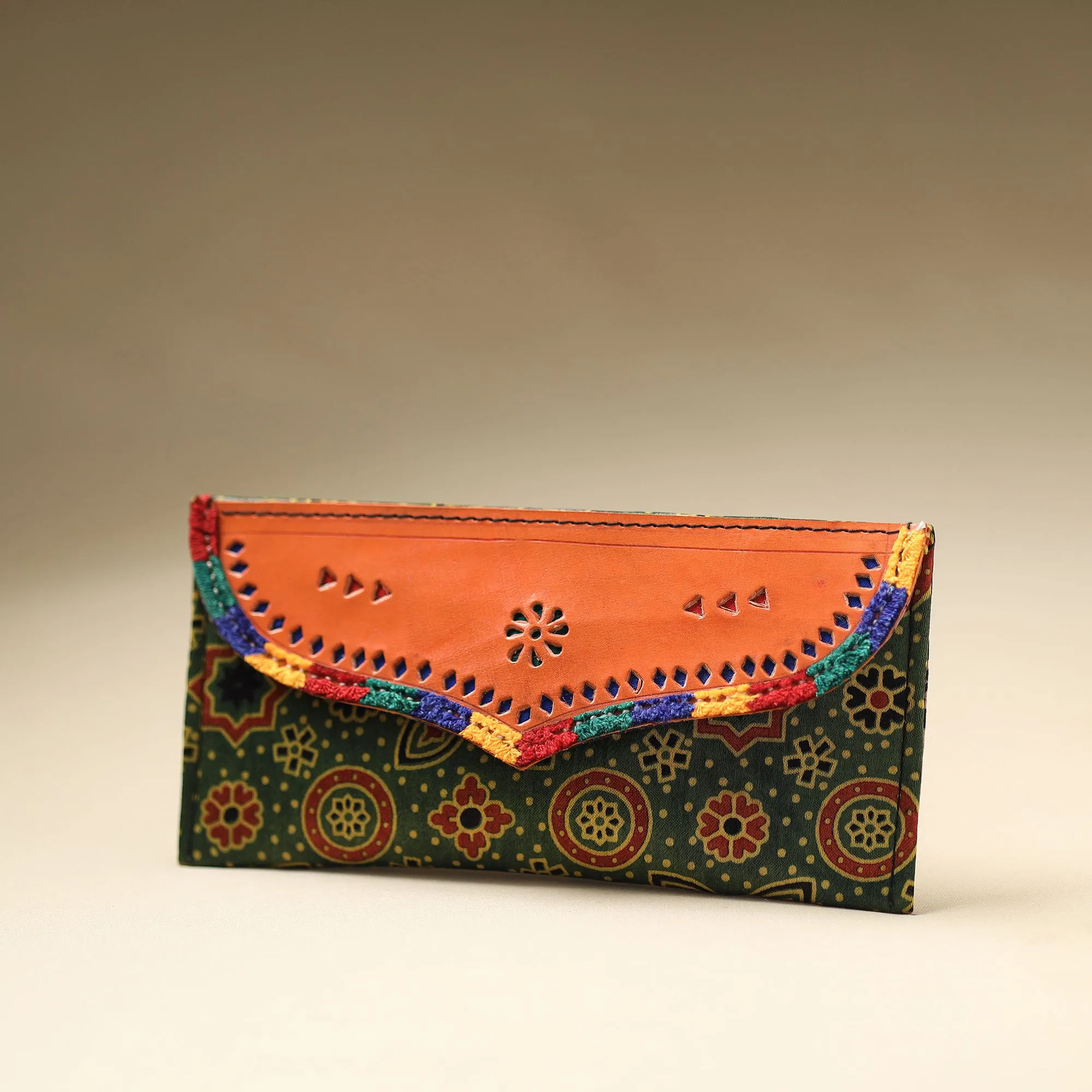 Green - Handcrafted Kutch Embroidery Mashru Silk Leather Wallet