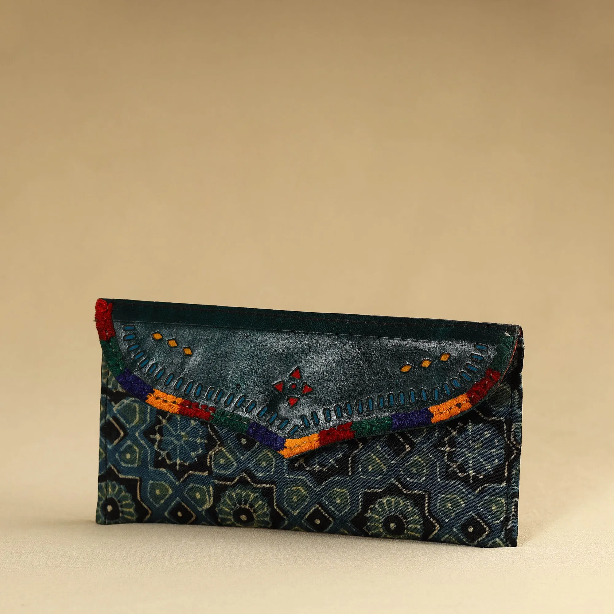 Green - Kutch Embroidery Mashru Silk Handmade Leather Wallet 20