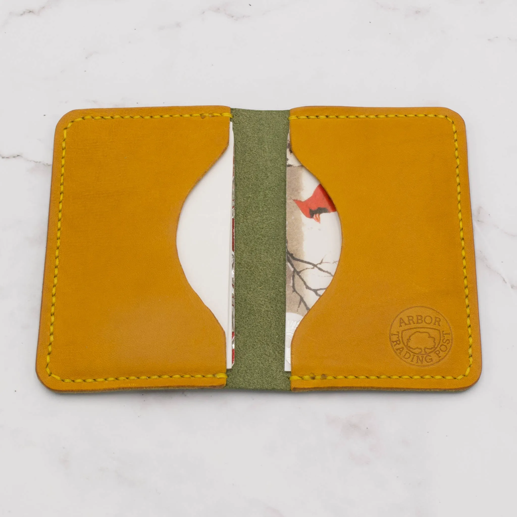 Handcrafted Leather Ultra Slim Bifold Wallet - Olive Green and Sunflower Yellow