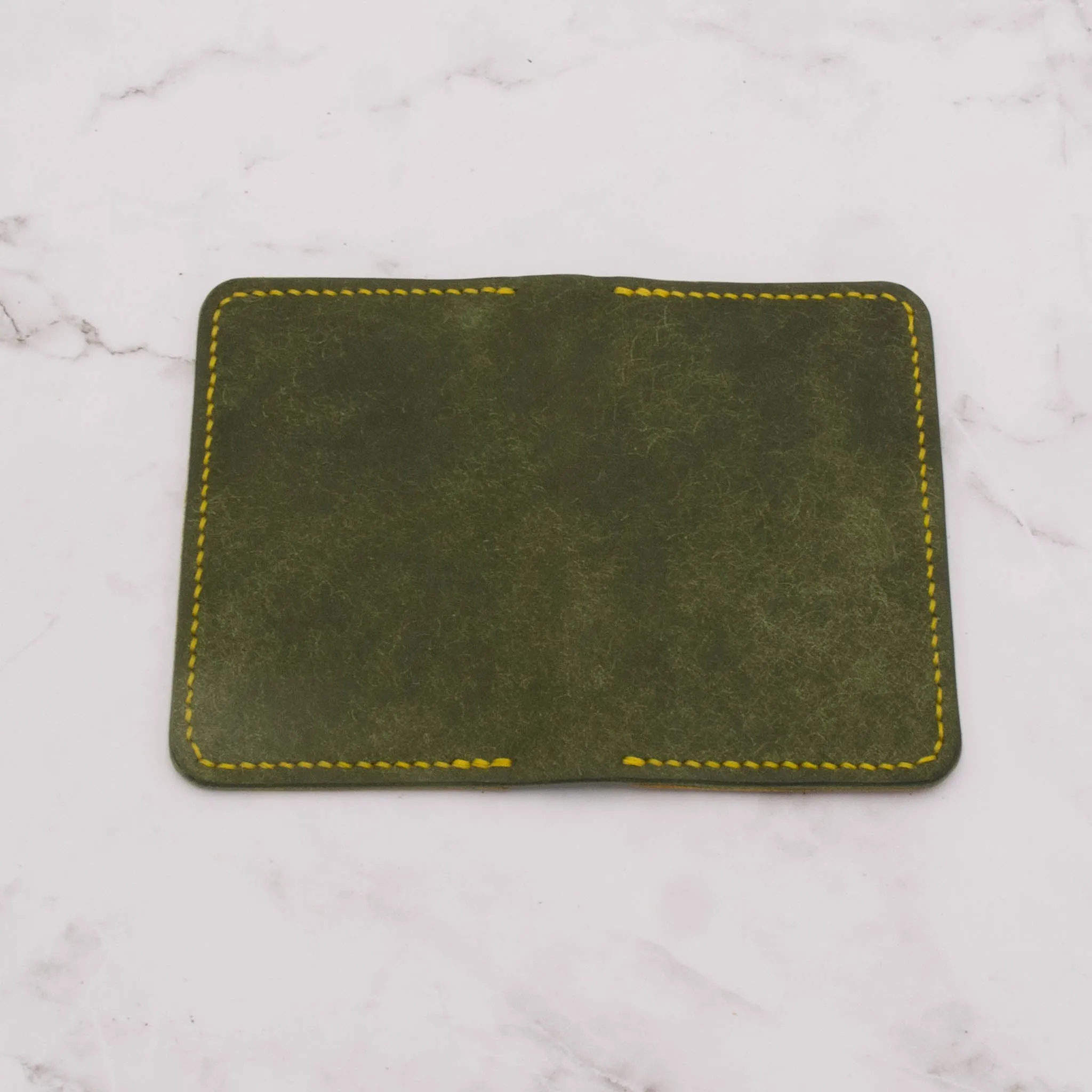 Handcrafted Leather Ultra Slim Bifold Wallet - Olive Green and Sunflower Yellow