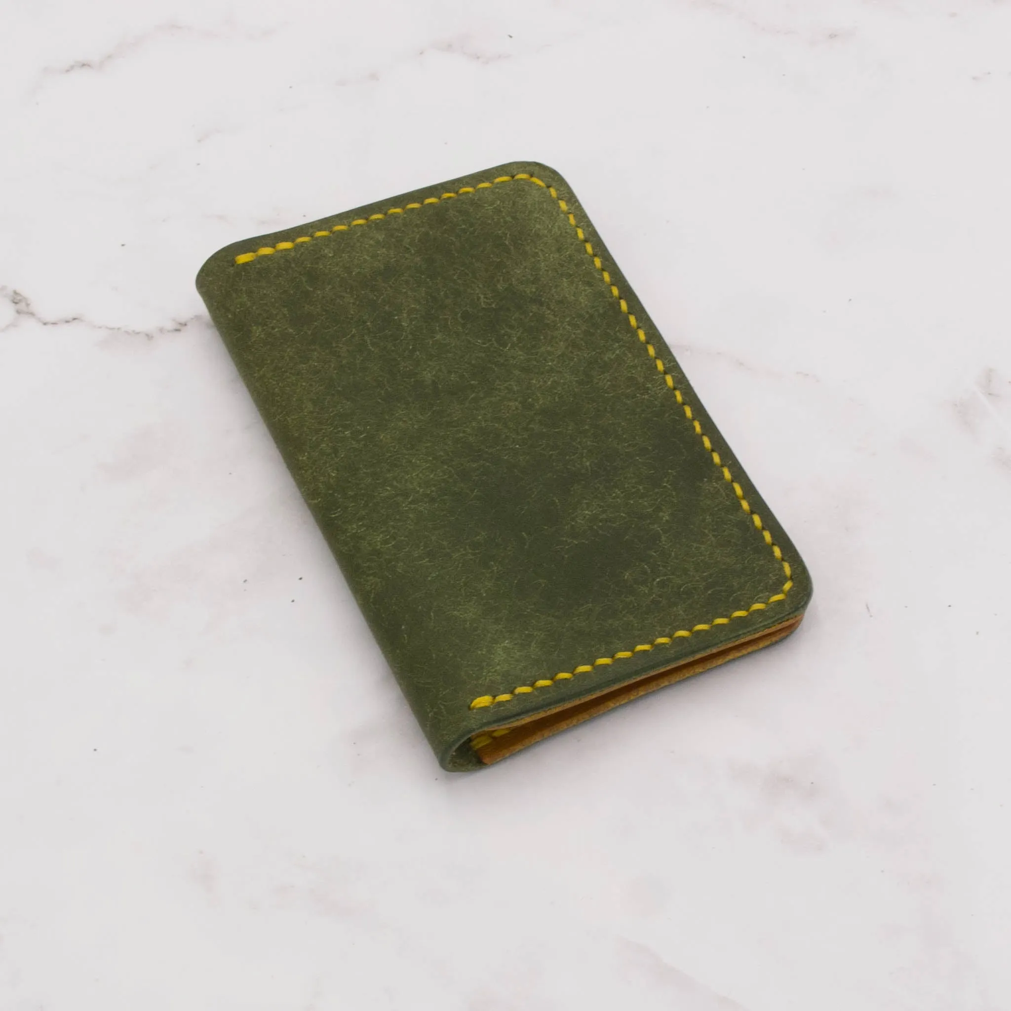 Handcrafted Leather Ultra Slim Bifold Wallet - Olive Green and Sunflower Yellow