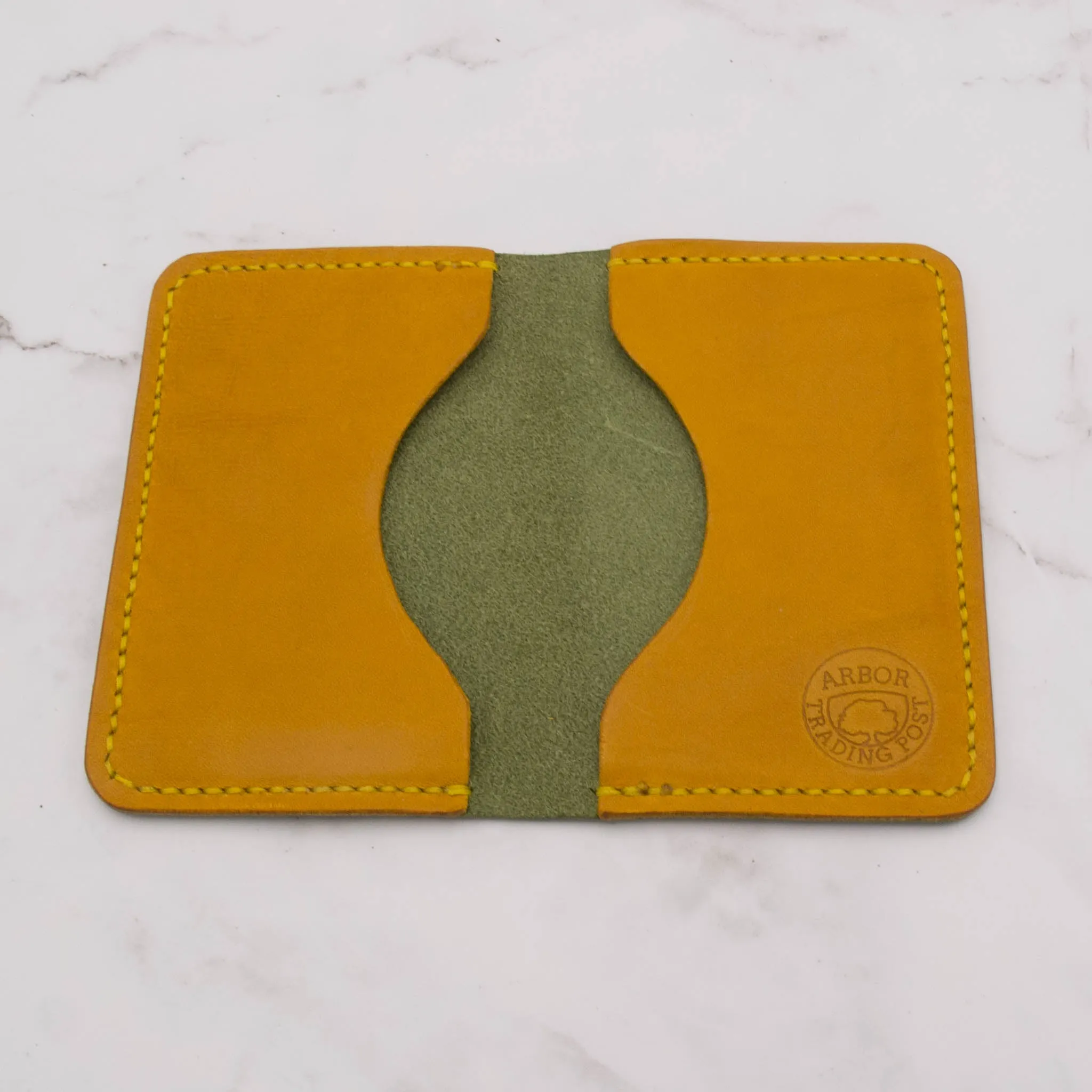 Handcrafted Leather Ultra Slim Bifold Wallet - Olive Green and Sunflower Yellow