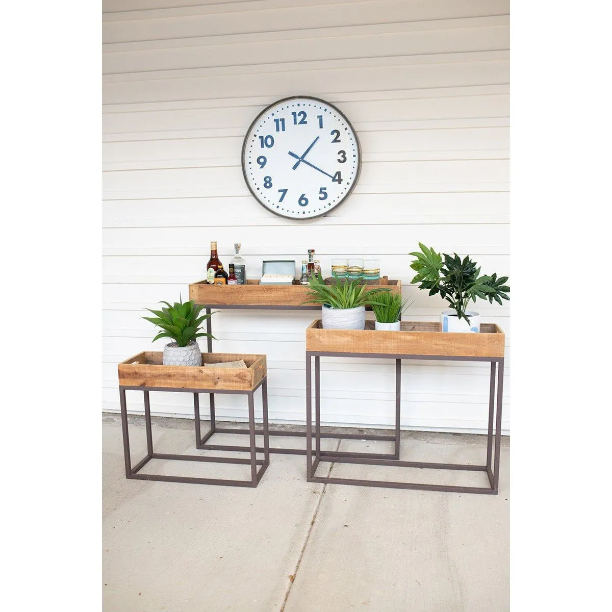 Kalalou - Set Of Three Rustic Recycled Wood Console Trays On Metal Bases