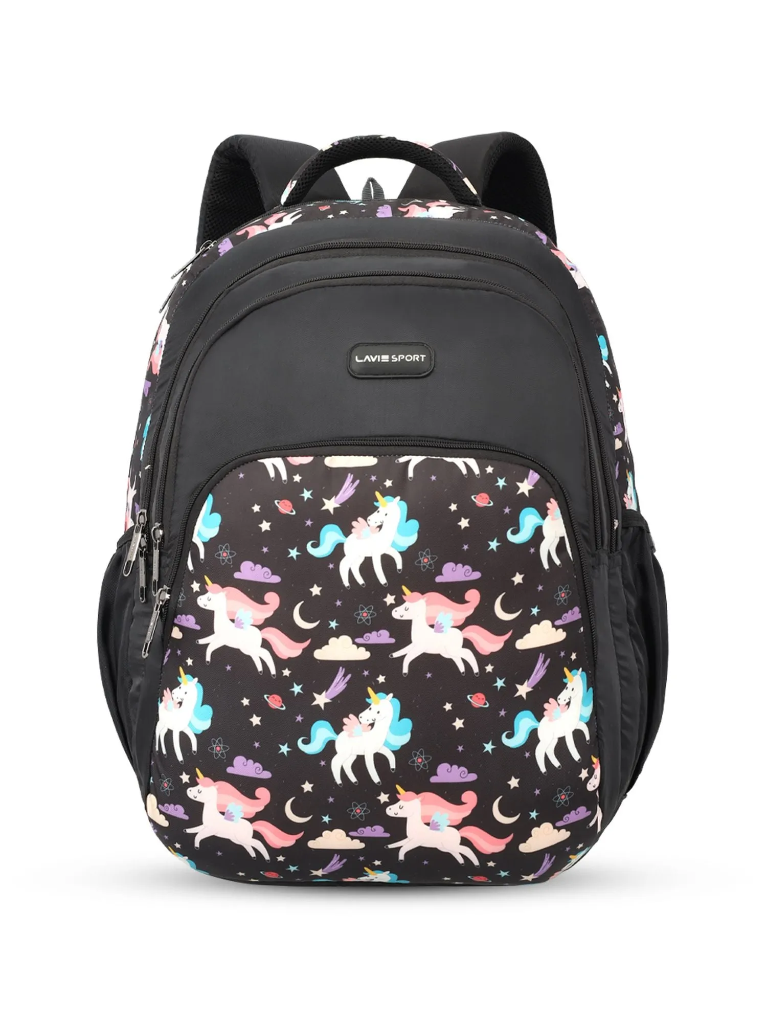 Lavie Sport Unicorn Star 39L Printed School Backpack with Rain cover for Girls Black