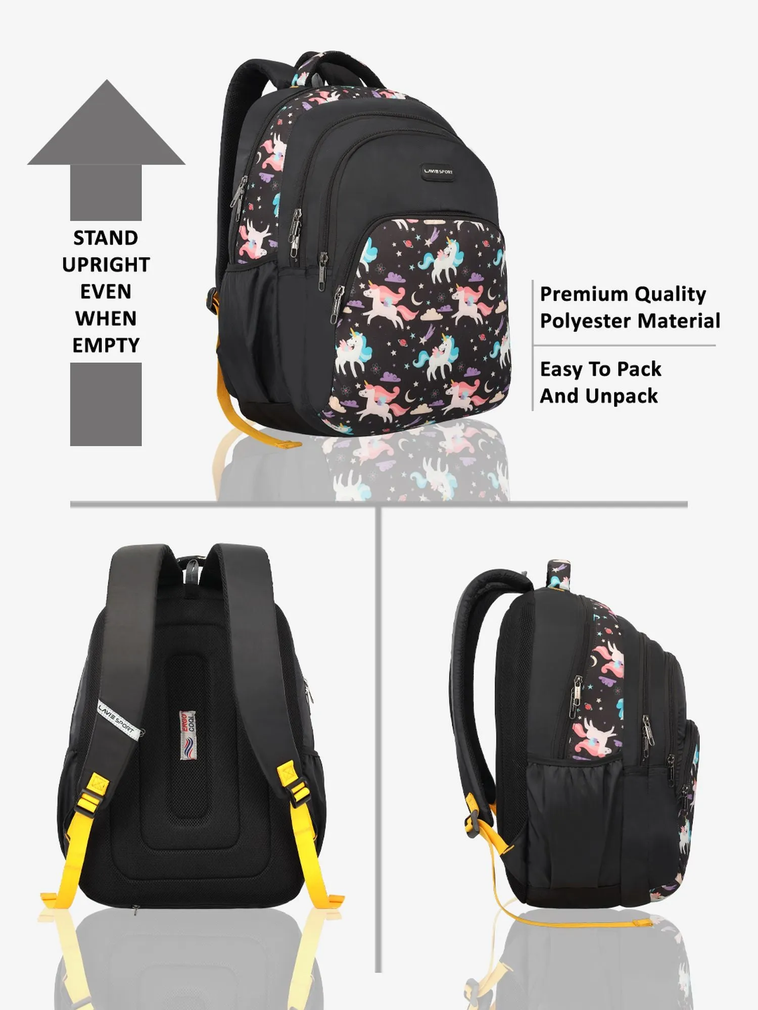 Lavie Sport Unicorn Star 39L Printed School Backpack with Rain cover for Girls Black