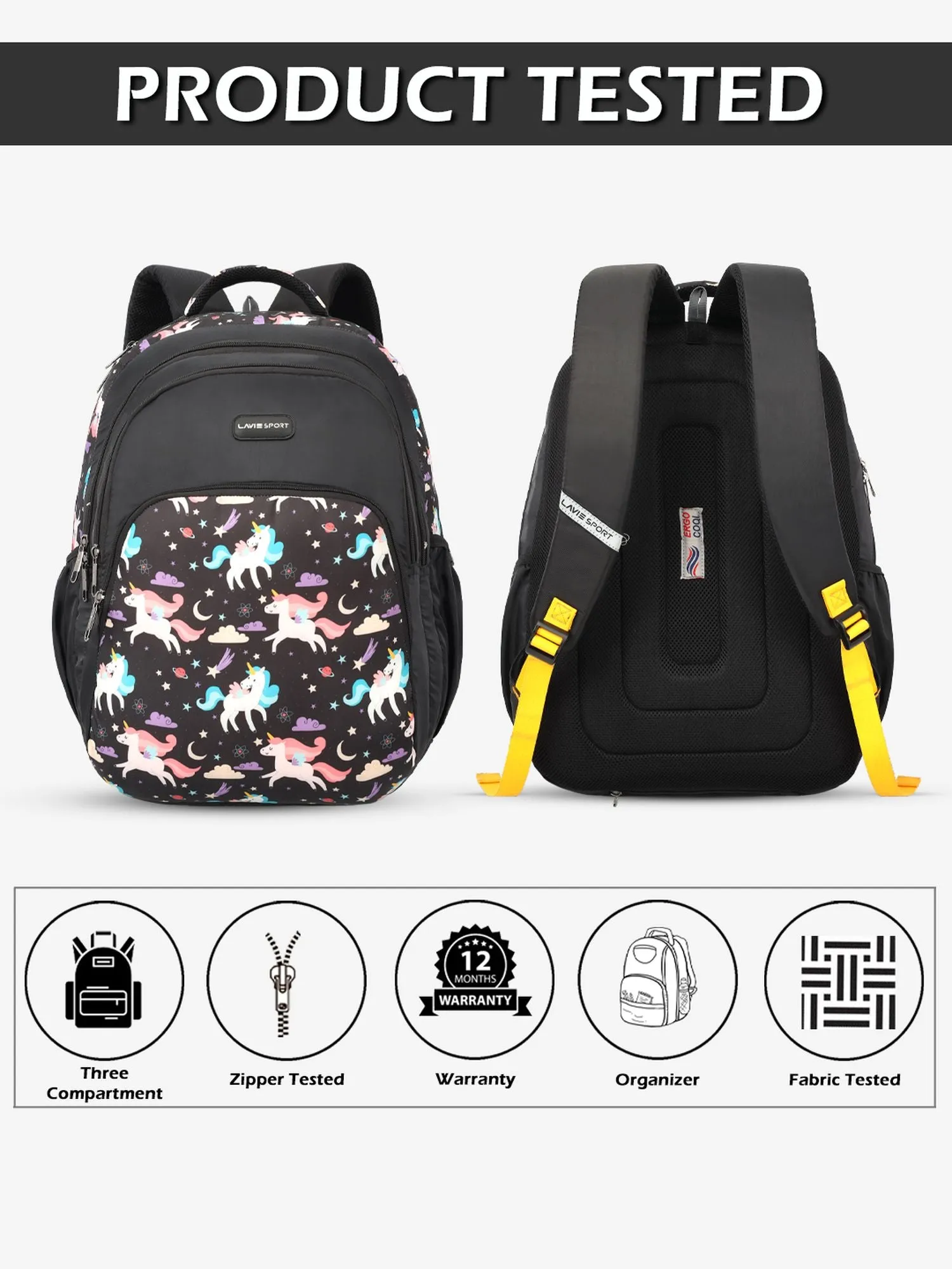 Lavie Sport Unicorn Star 39L Printed School Backpack with Rain cover for Girls Black