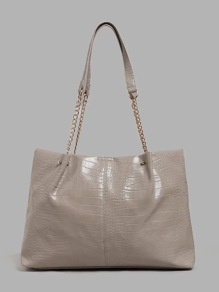 LOV Croco Textured Light Beige Tote Bag