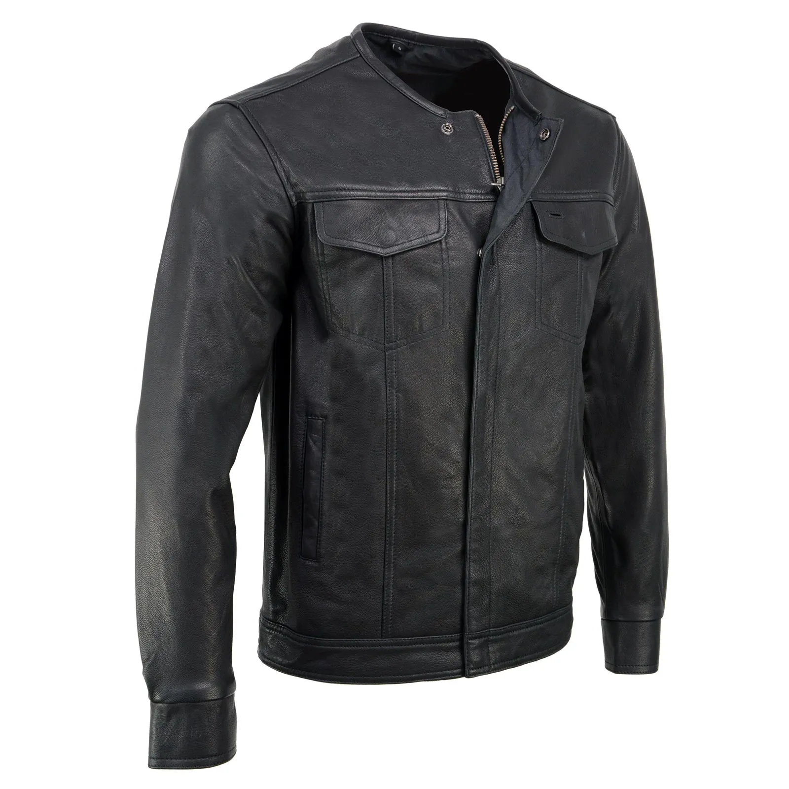 Milwaukee Leather MLM1607 Men's Collarless Black Premium Goat Skin Leather Casual Biker Shirt w/ Dual Closure