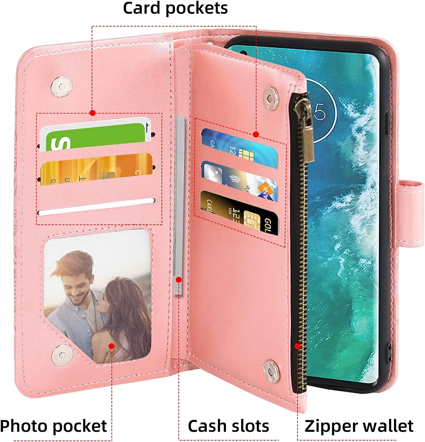 Moto Edge Plus Wallet Case Tempered Glass Screen Protector  Rose Gold