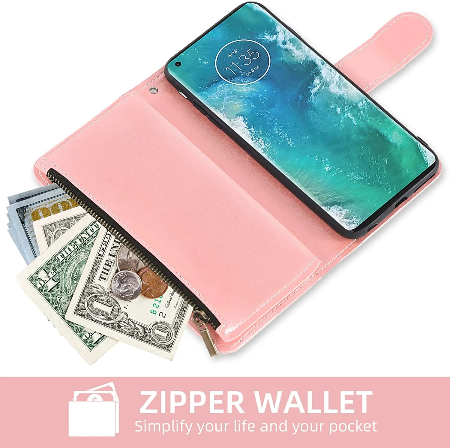 Moto Edge Plus Wallet Case Tempered Glass Screen Protector  Rose Gold