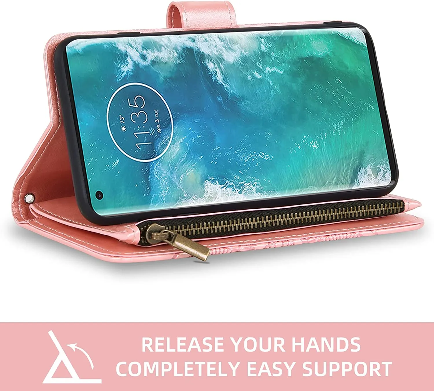 Moto Edge Plus Wallet Case Tempered Glass Screen Protector  Rose Gold