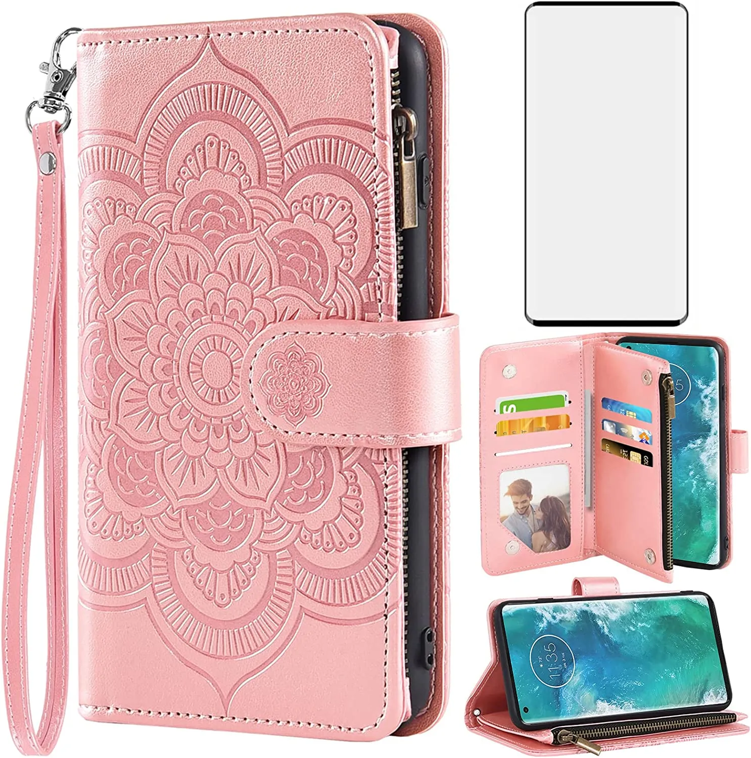 Moto Edge Plus Wallet Case Tempered Glass Screen Protector  Rose Gold