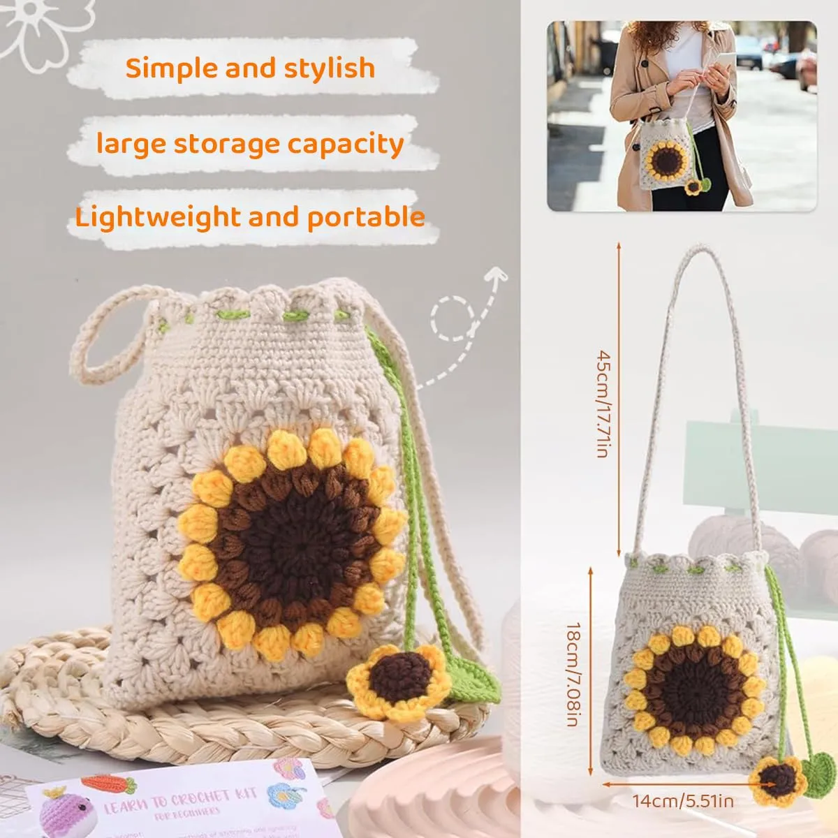 PATPAT® DIY Crochet Phone Bag Material Kit Beginners Sun Flower Crochet Phone Sling Bag Material Kit with Yarn, Crochet Needles, Tools & Accessories, Tutorial Video, DIY Gift