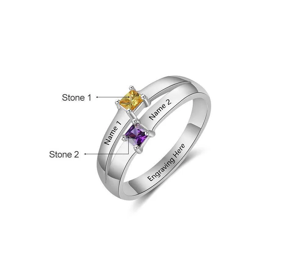 Personalized 2 Pillow Cut Birthstone Mother's Ring With 2 Engraved Names