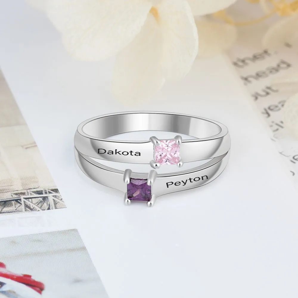 Personalized 2 Pillow Cut Birthstone Mother's Ring With 2 Engraved Names