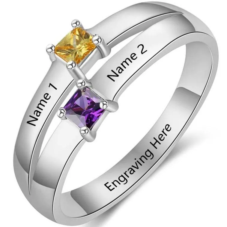 Personalized 2 Pillow Cut Birthstone Mother's Ring With 2 Engraved Names