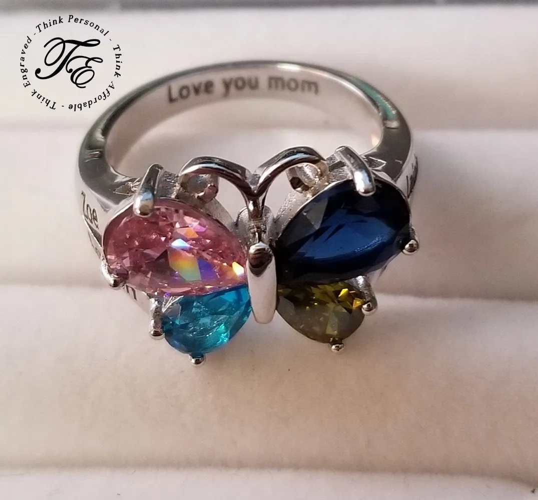 Personalized 4 Birthstone Butterfly Mother's Ring 4 Engraved Names