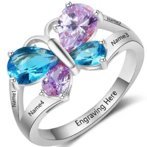 Personalized 4 Birthstone Butterfly Mother's Ring 4 Engraved Names