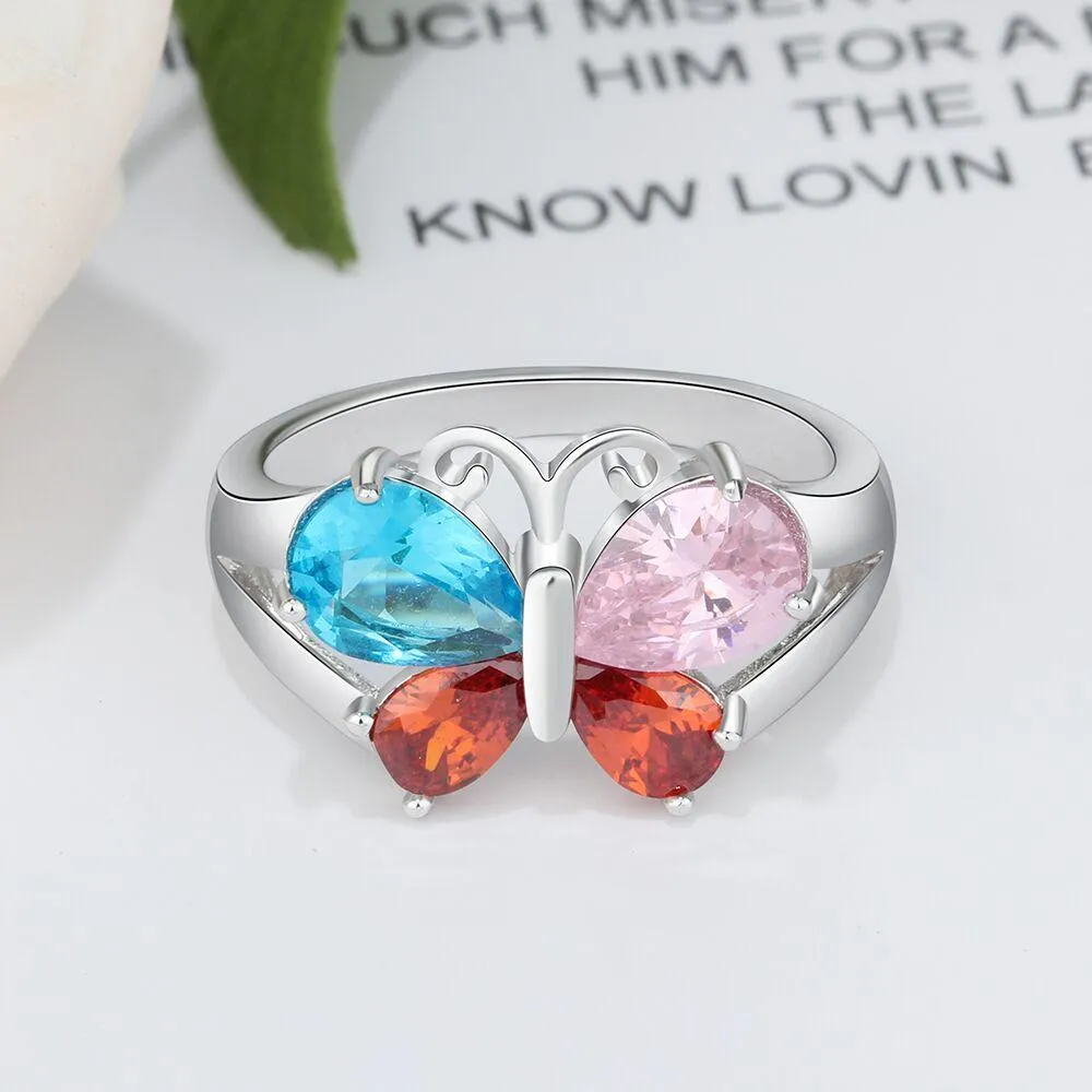 Personalized 4 Birthstone Butterfly Mother's Ring 4 Engraved Names