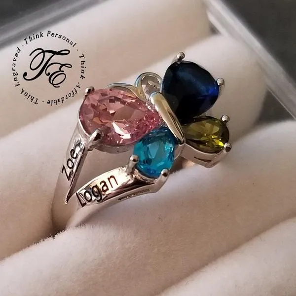 Personalized 4 Birthstone Butterfly Mother's Ring 4 Engraved Names