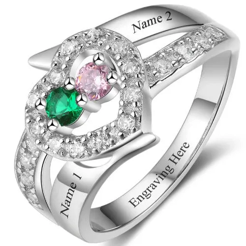 Personalized Mother's Ring 2 Birthstones 2 Names Paved Heart