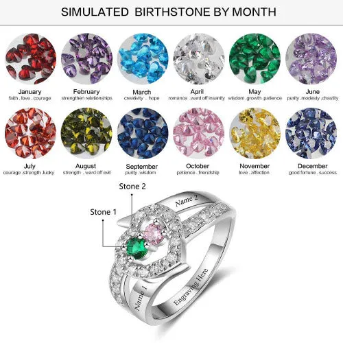 Personalized Mother's Ring 2 Birthstones 2 Names Paved Heart