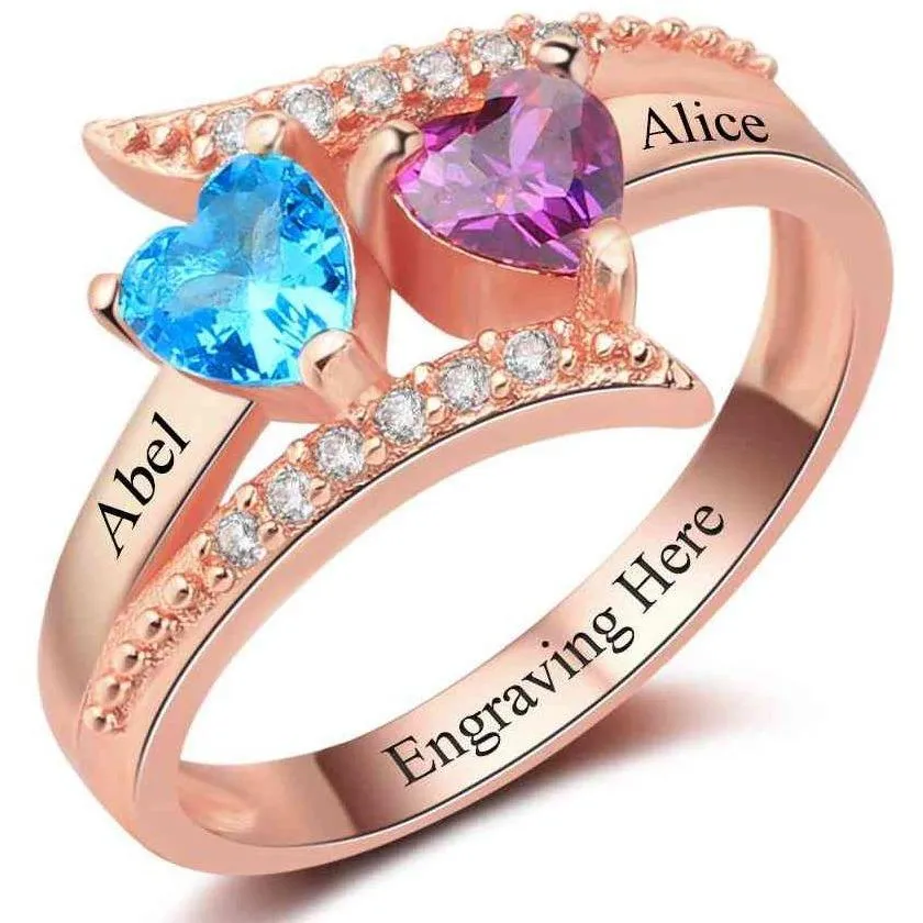 Personalized Rose Gold Mothers Ring 2 Stone 2 Engraved Names Vintage Design