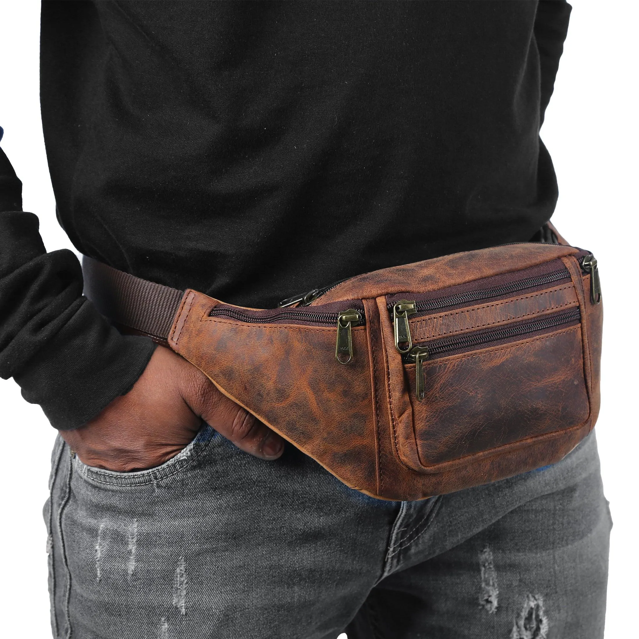 Premium Buffalo Leather Fanny Pack Waist Multifunction Hip Bum Bag Travel Pouch for women and men- Adjustable with Multiple Pockets & Sturdy Zippers Ideal for travel Hiking Running And Cycling