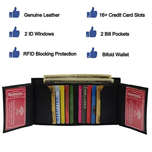 RFID Genuine Nappa Cow leather Dual Credit Card ID Flap Bifold Mens Wallet Passcase