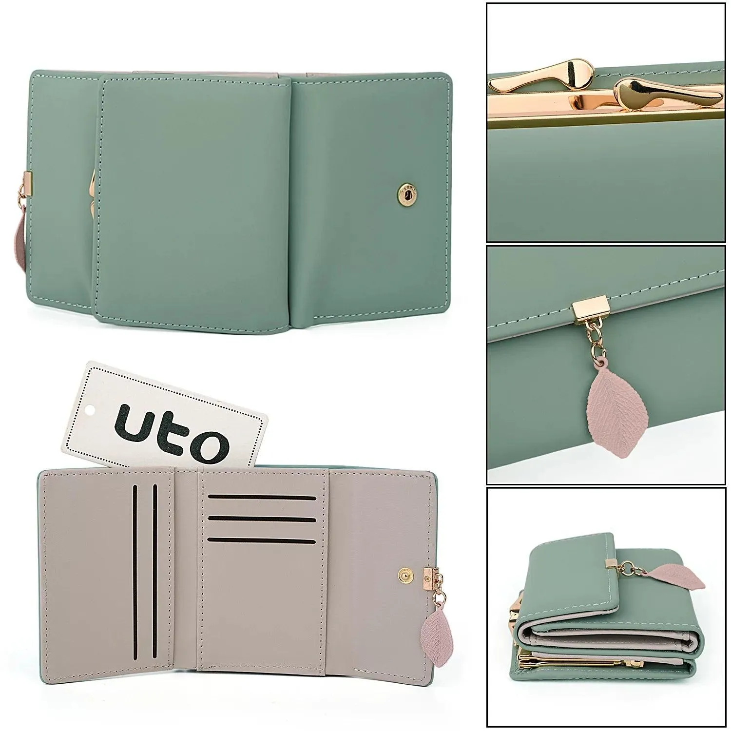 Small Wallet for Women PU Leather RFID Blocking Coin Purse Card Holder Trifold Ladies Purse Leaf Pendant(Green)