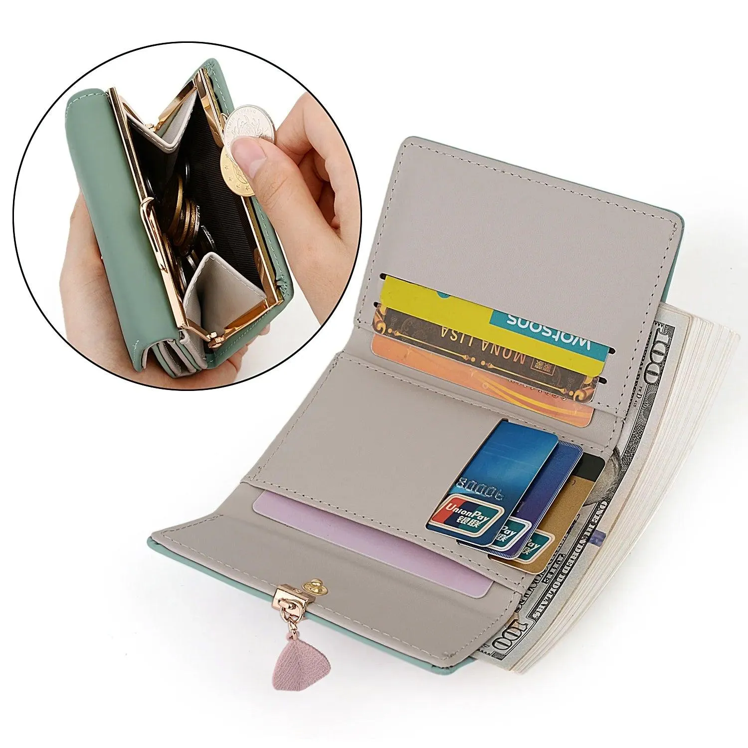 Small Wallet for Women PU Leather RFID Blocking Coin Purse Card Holder Trifold Ladies Purse Leaf Pendant(Green)