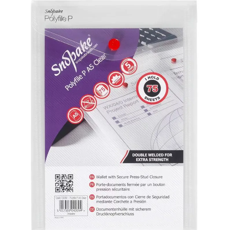 Snopake - Polyfile P File Wallet - Portrait - A5 - Clear - Pack of 5